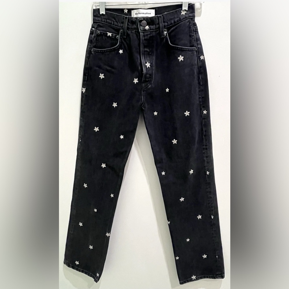 Reformation Cynthia relaxed daisy embroidered black Jeans
